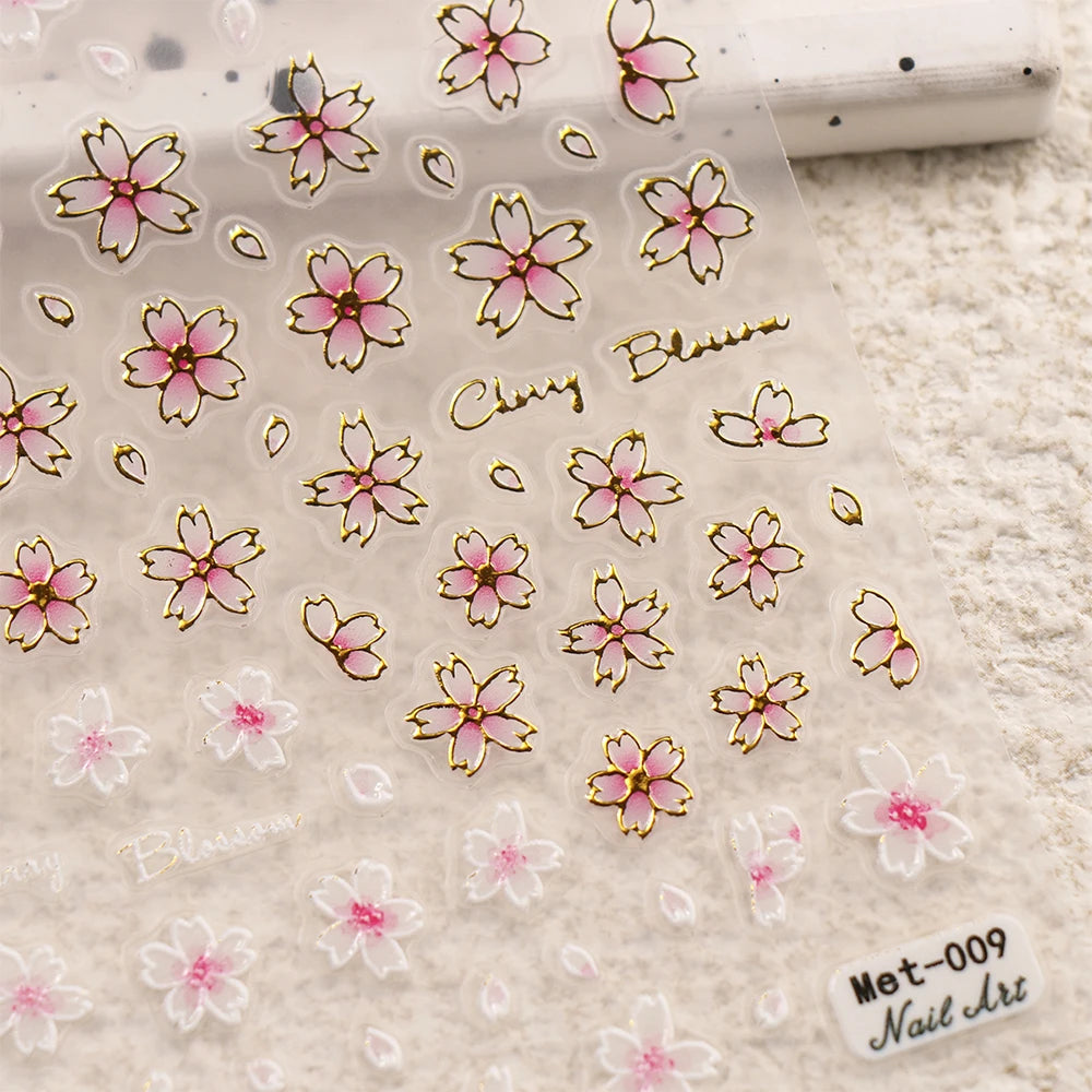 1-2pcs Gold Line Cherry Blossom 3D Nail Art Stickers Spring Peach Flowers Daisy Flowers Gold Leaves Nail Decals For DIY Manicure