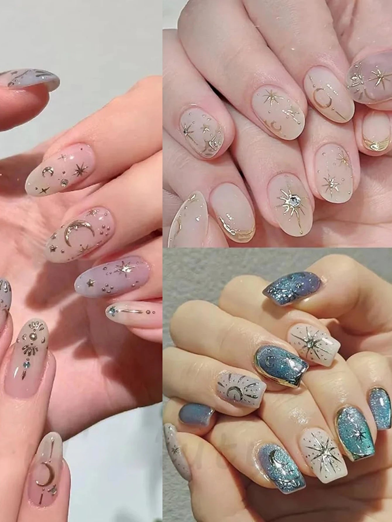 6/12 Sheets Gold & Silver Star, Moon & Heart Nail Stickers, Self-Adhesive 3D Nail Art Decals for DIY Manicure Decoration