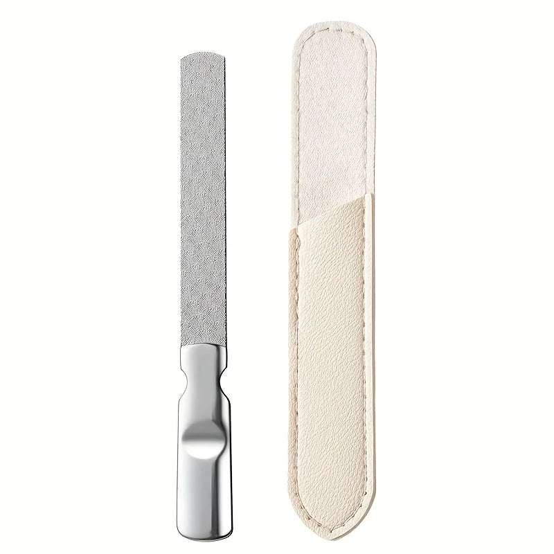 Stainless Steel Nail Files with Leather Case, Double Sided Metal Nail Files with Anti-slip Handle, Metal Nail File Buffer