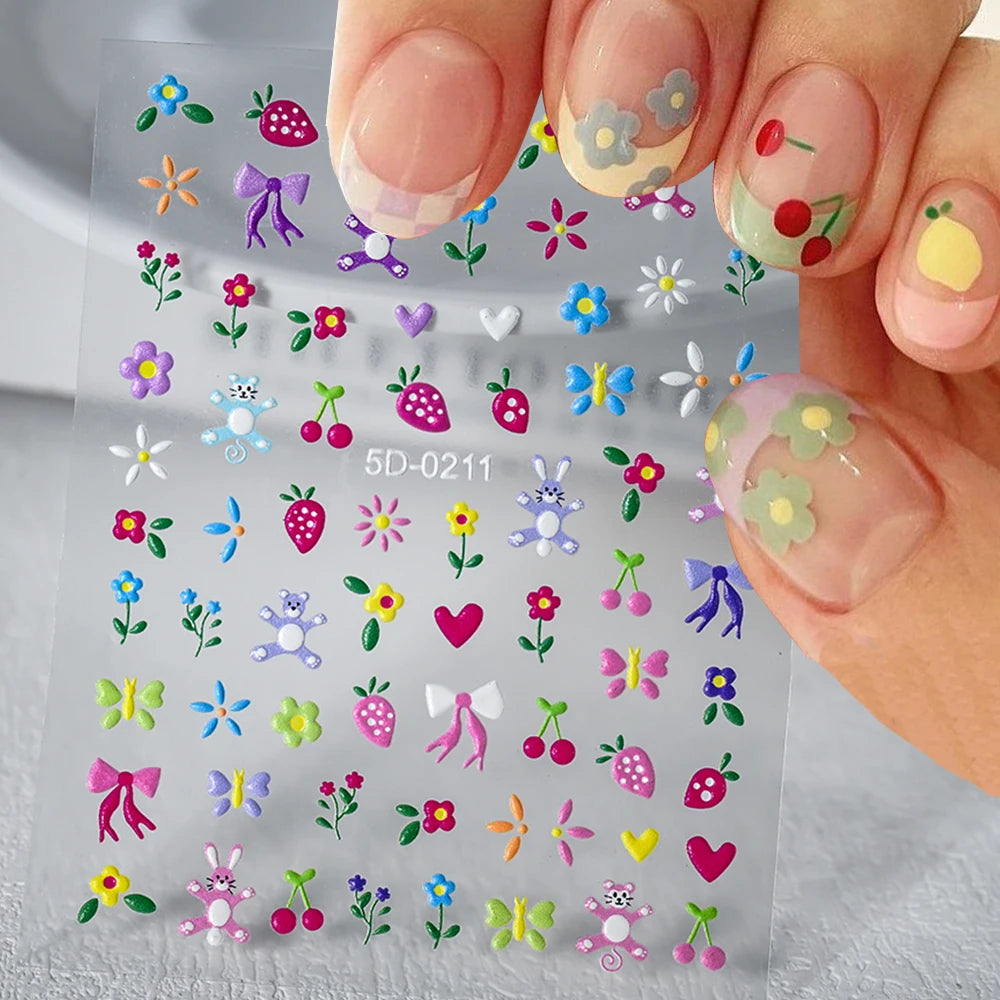 5D Pink Blue Floral Nail Art Stickers Petals Leaf Plant Embossed Nail Decals Spring Summer Flower Design for DIY Nail Supplies