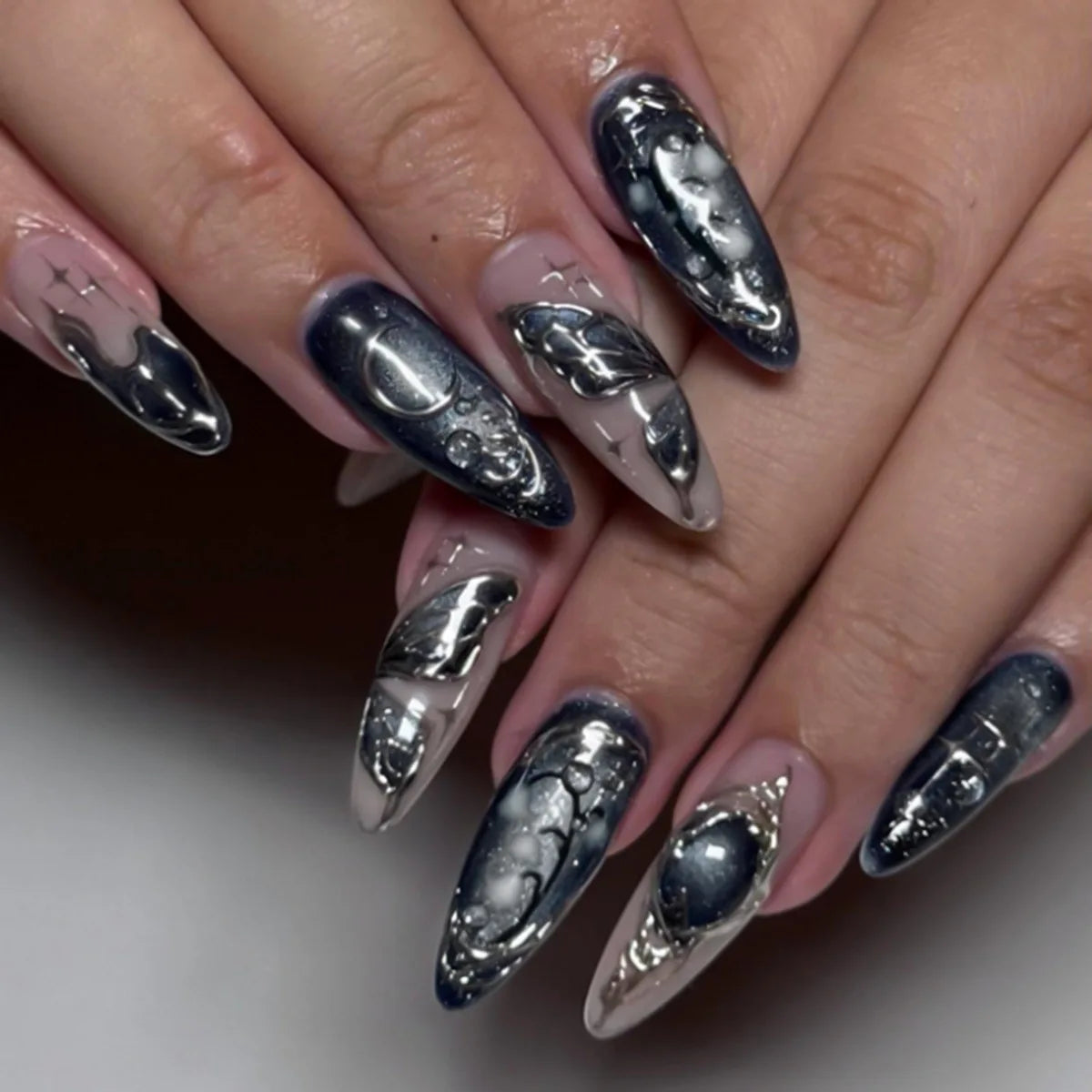 24Pcs Black Y2k Long False Nails with Almond Head Design Cat's Eye Silver Stripe Pattern Press on Fake Nails Wearable Nail Tips