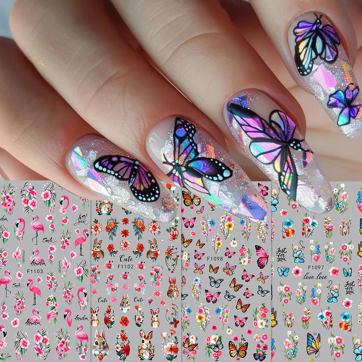Spring and summer flower butterfly nail stickers, easy to apply for nail decoration DIY, gifts, party and wedding makeup styling