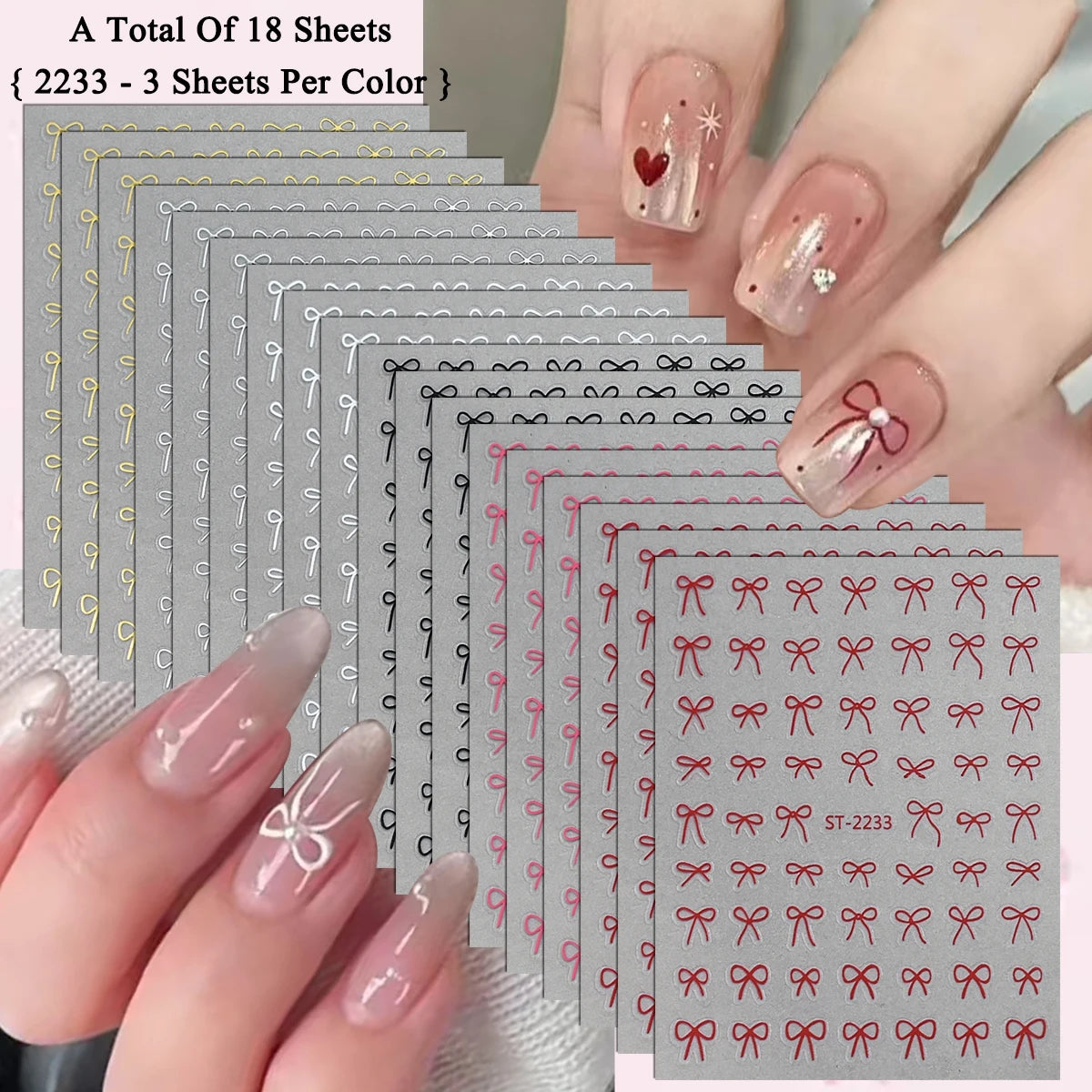 2 to 30 Sheets 3D Bow Nail Art Stickers, Mini Ribbon Outline Decals, Transparent Self-Adhesive Cute Design for DIY Manicure