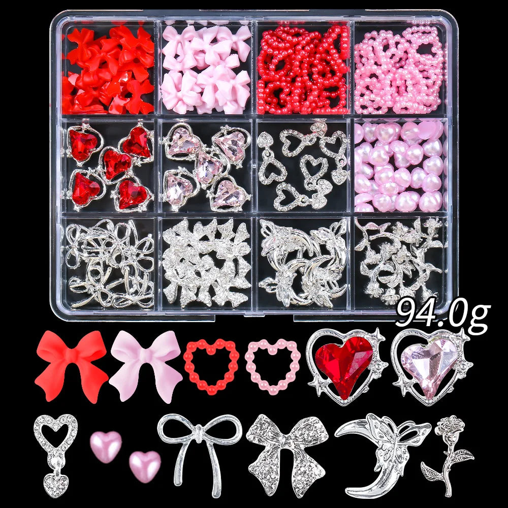 1 Box Pink White Series Bow Heart Nail Charms 3D Arcylic Nail Art Decorations Pearl 5-petal Flower Jewelry Manicure Accessories*