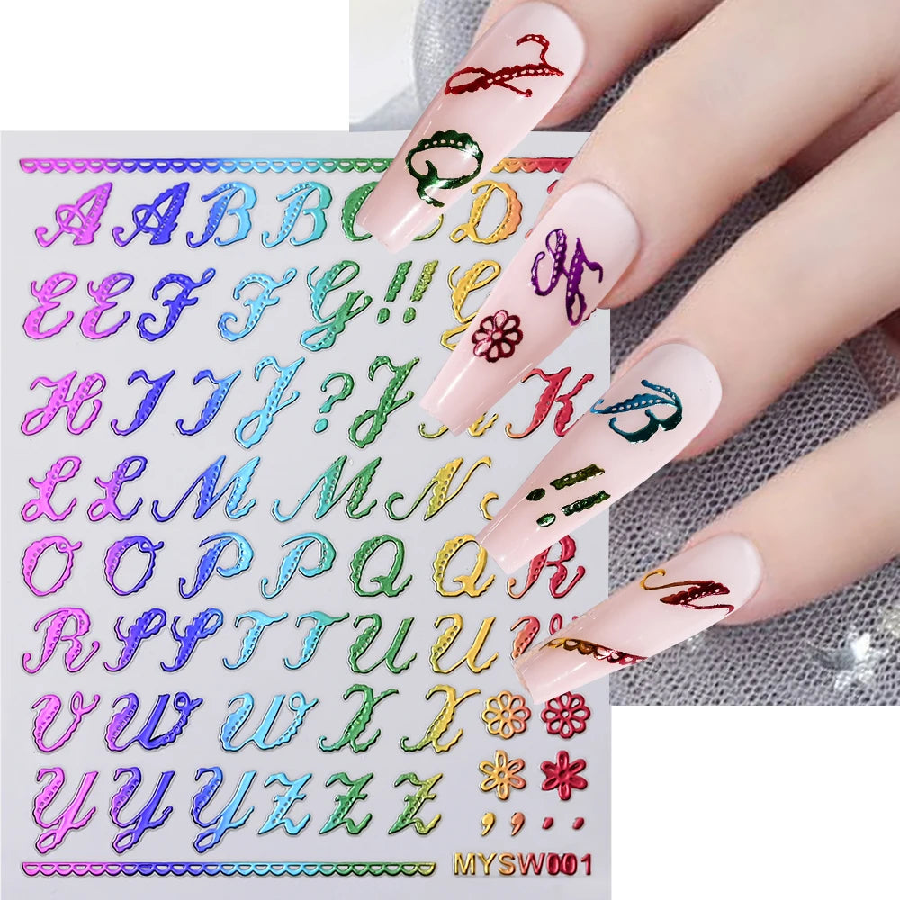 1Pc 3D Roman Letter Nail Stickers Gold/Silver/Black/Laser Alphabet Self Adhesive Decal Y2K English Words/Number Manicure Sliders