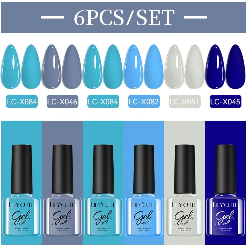 LILYCUE 6Pcs/Set Red Nude Glitter Gel Nail Polish Gorgeous Full Coverage Soak Off UV Gel Nail Art Base Top Coat Gel Polish Kits