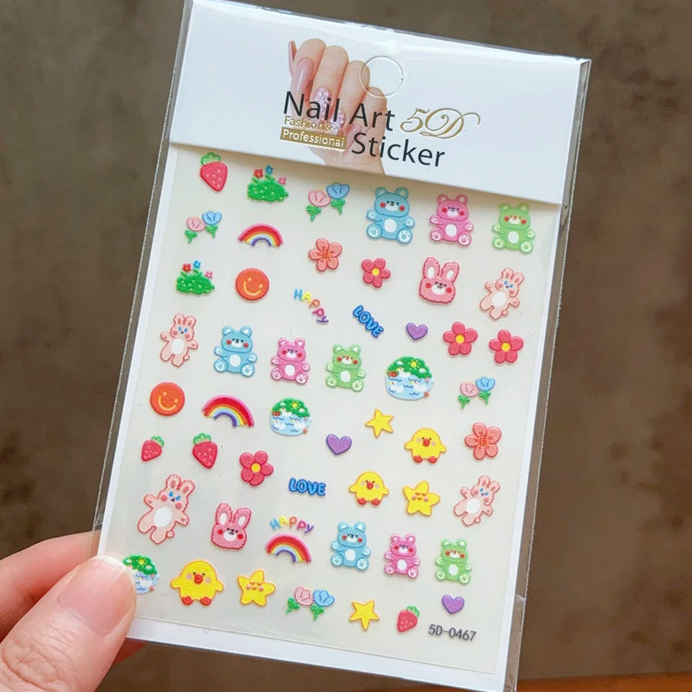 1PC 5D Macaron Flower/Fruit Nail Charms Sticker Embossed Bear/Rabbit/Letter Nails Slider Decals Summer Adhesive Manicure Decor&Y