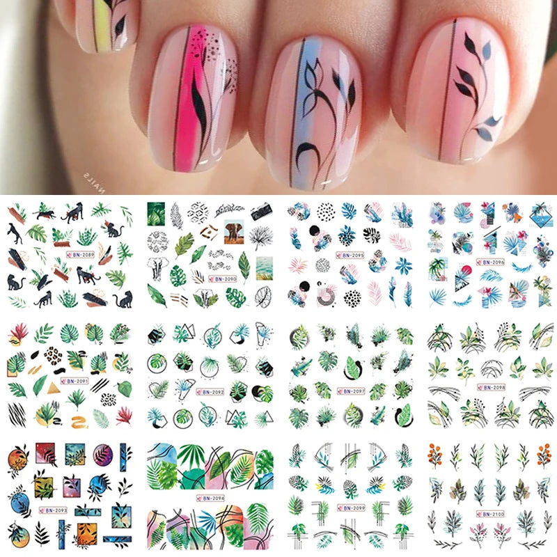 Nail Water Decals Geometric Color Block Line Leaf Flowers Nail Slider Stickers Summer Fruit For Manicure Nail Watermarks Decor