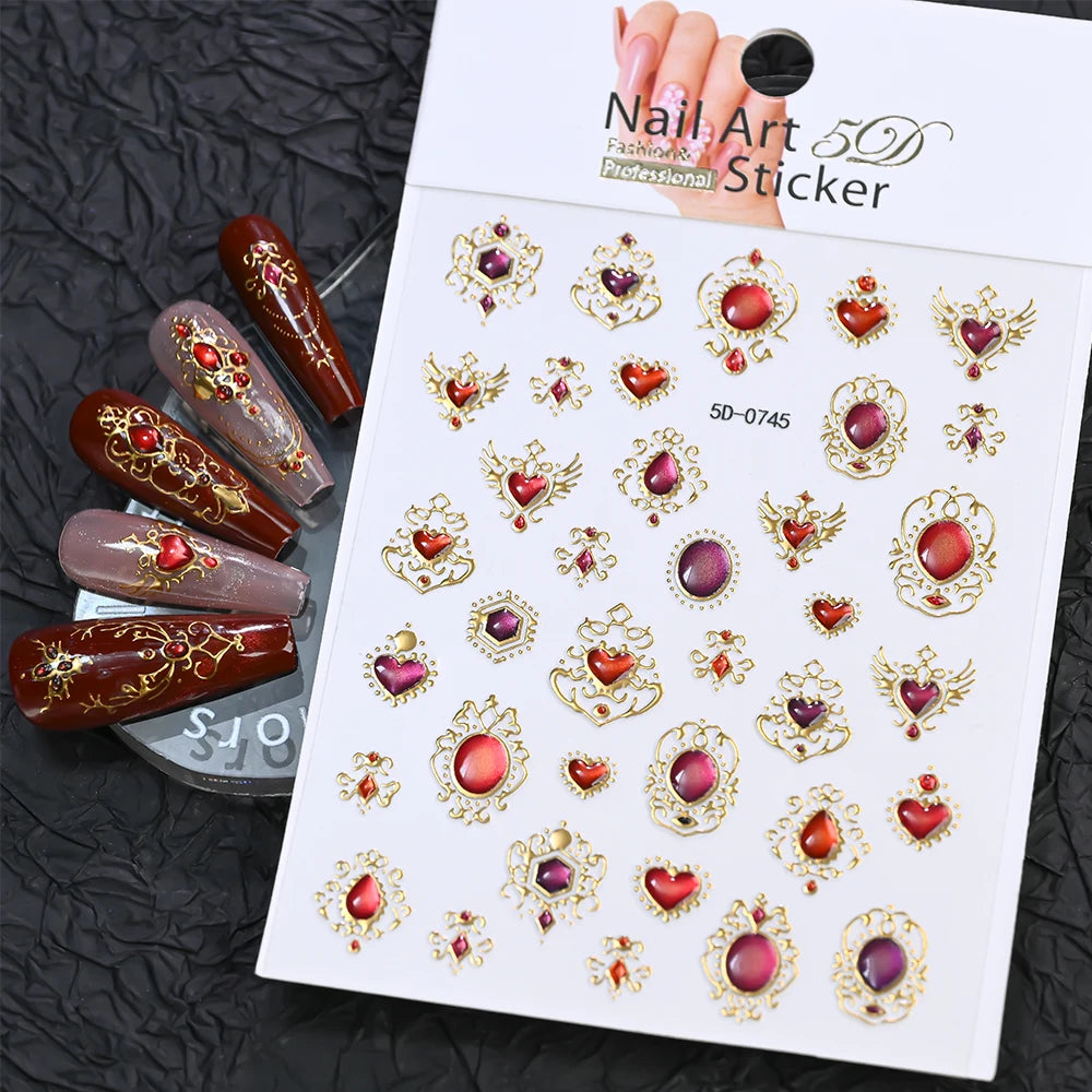 5D Embossed Emerald Gemstones Nail Art Stickers Luxury Golden Frame Baroque Flower Nail Decals Green Rhinestones Nail Supplies