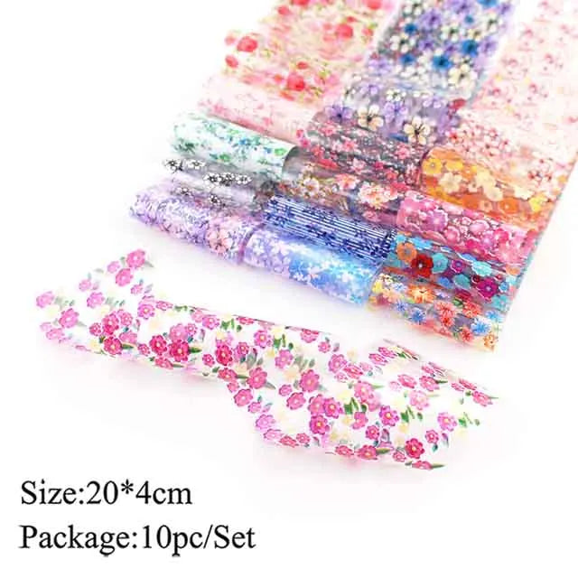 10pcs Holographic Nail Foil Slider Mix Flower Designs Set Transfer Nails Stickers Floral Prints Manicure Decal Art Decoration