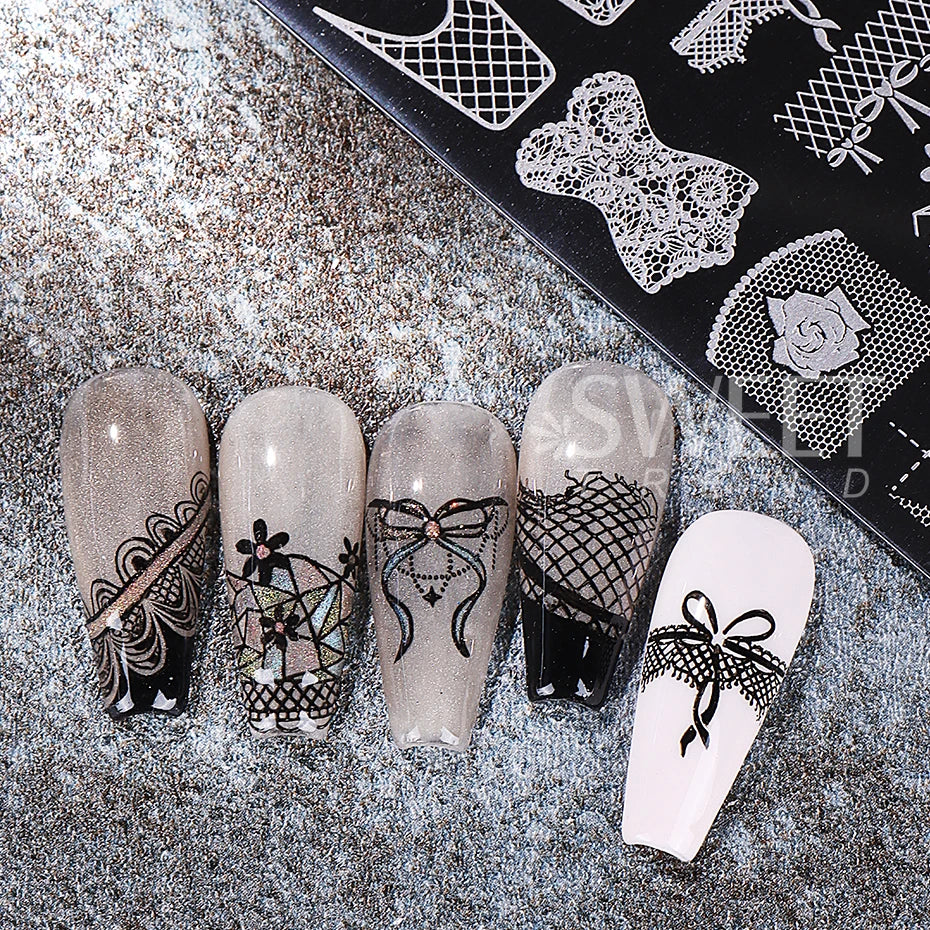 4pc Lace Flower Nail Art Stamping Plates 3D French Bow Rose Polish Printing Template Plate Floral Nail AStencils Manicure Tools