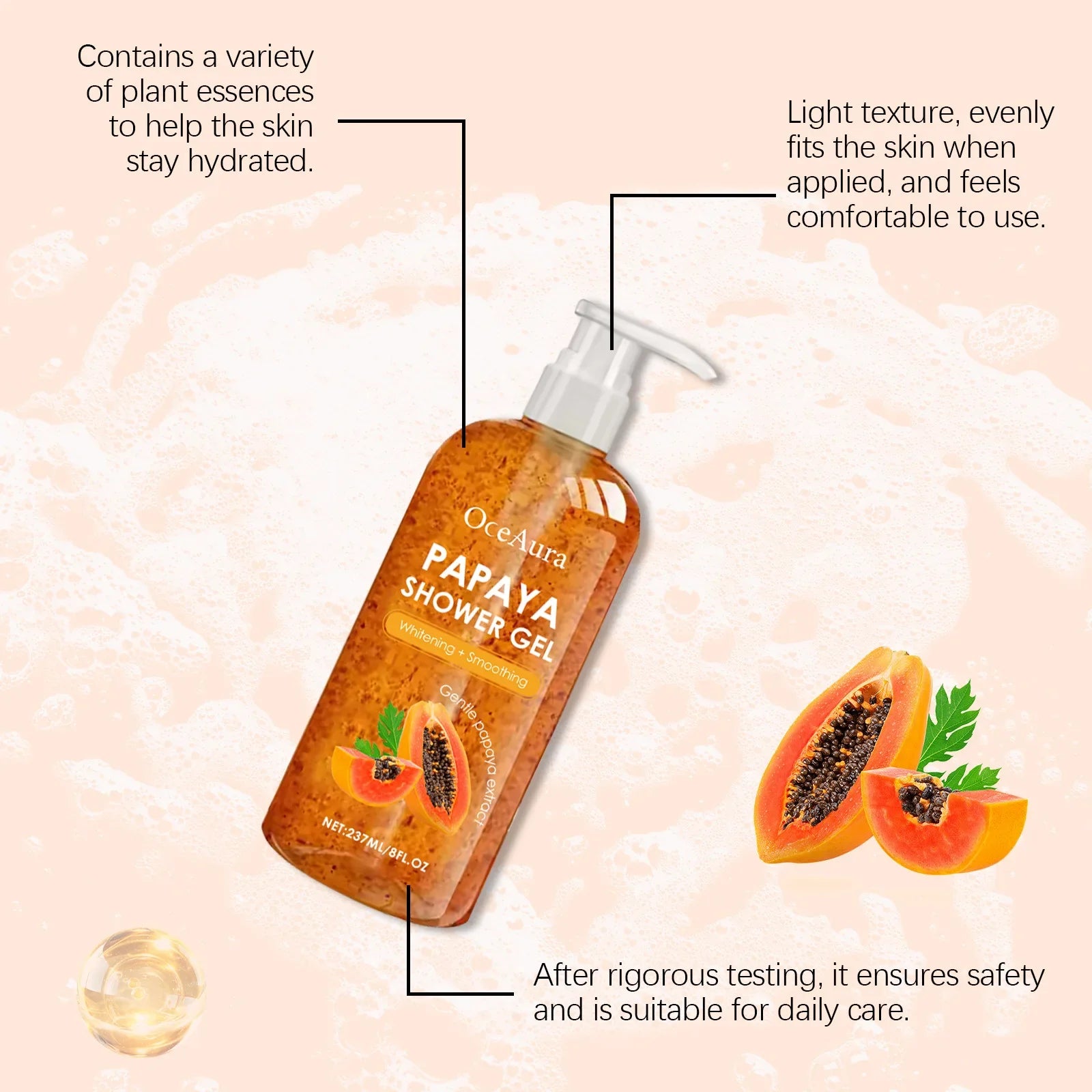 Papaya Shower Gel Whitening Smoothing Cleansing Remove Dirt Fade Pigmentation Rich Foam Lasting Aroma Hydrate Refresh Body Wash