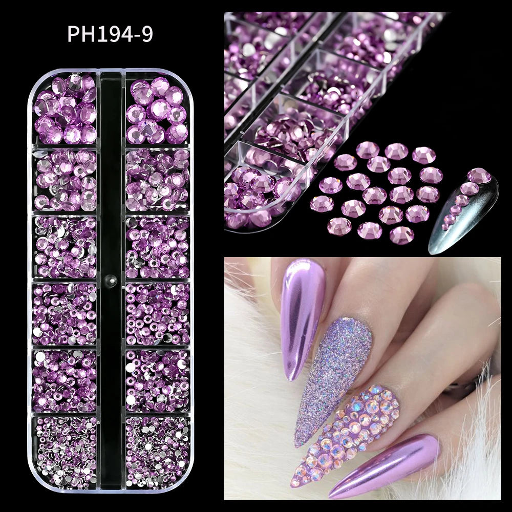 12Grids Pink Mixed Nail Rhinestones Luxury Nail Charms Glitter Crystal Jewelry Gems Nail Art Decoration DIY Manicure Rhinestones