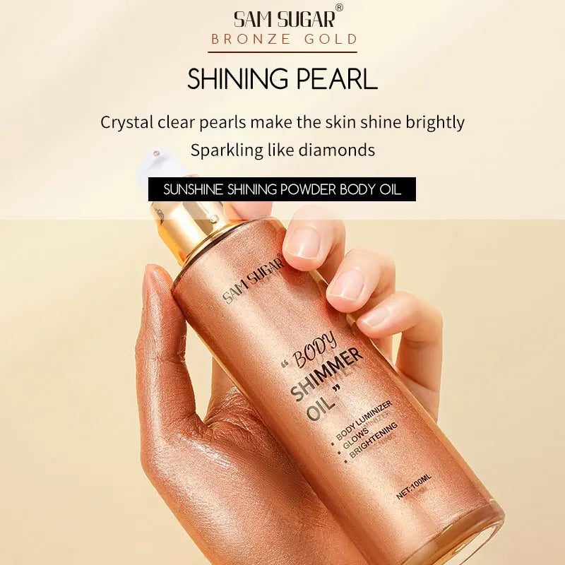 100ml Pearl Rose Gold Body Shimmer Oil Highlighter - Face Brighten Glitter Bronzer Skin Glow Illuminator Makeup Shine Liquid