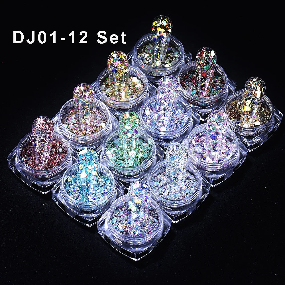 12 colors Holographic Hexagon Nail Sequin Shiny Nail Glitter Flakes Chunky Iridescent Sequins Manicure Decorations Nail Supplies
