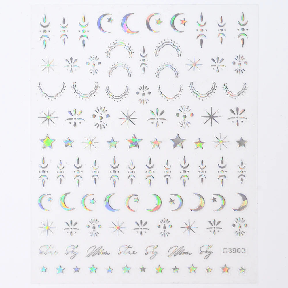 3D Gold/ Silver Star/Sun/Moon Bronzing Nail Art Sticker Laser Star Moon Styles Nail Decal Gold Silver Self-Adhesive Slider 1Pcs