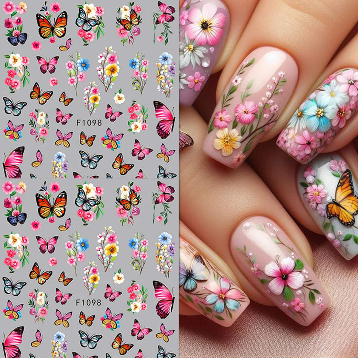 Spring and summer flower butterfly nail stickers, easy to apply for nail decoration DIY, gifts, party and wedding makeup styling