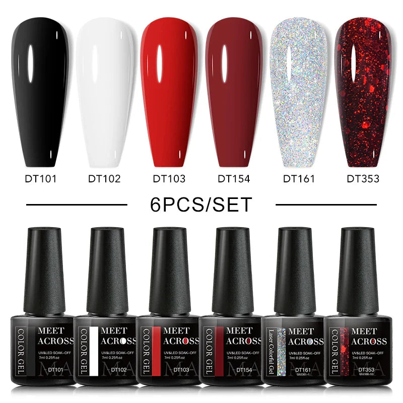MEET ACROSS 6PCS/SET Macaron Series Gel Nail Polish Set Glitter Semi Permanent UV Nail Kit Base Matte Top Coat Nail Art Manicure