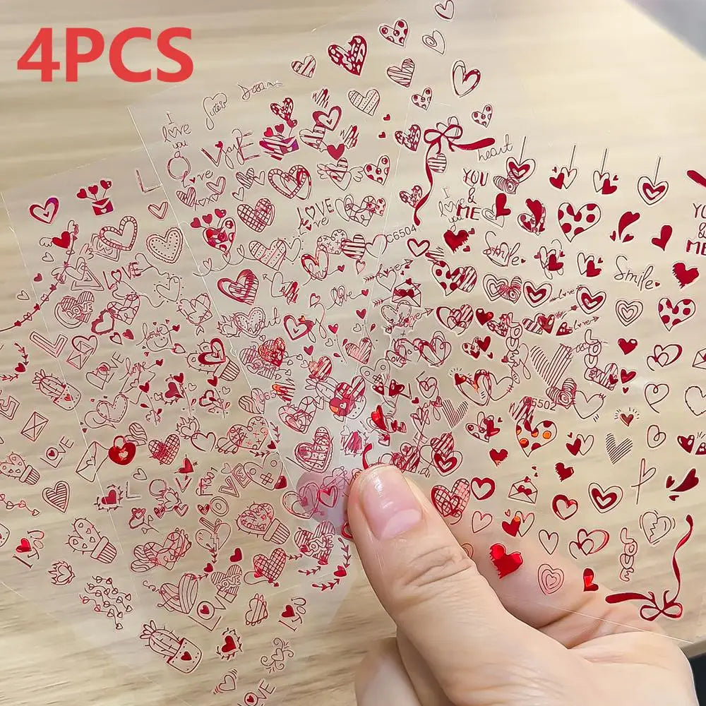 8pc 3D Mixed Color Heart Nail Stickers Valentines' Day Sweet Red Pink Love Selfadhesive Nail Decoration Decals Manicure Supplies