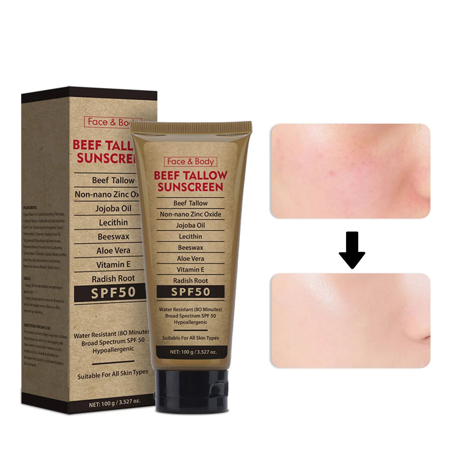 100g Organic Grass-Fed Beef Tallow Sunscreen SPF50 Long-lasting Sun Protection Face & Body Sunscreen Waterproof and Sweat-proof