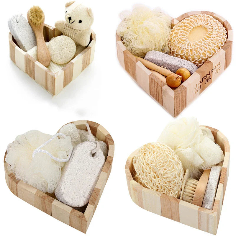 1 Set Spa Heart Shape Gift Box Bathing Skin Cleaning Kit Spa Gift For Women Sisal Bath Flower Kit Back Scrubber Gloves Massager