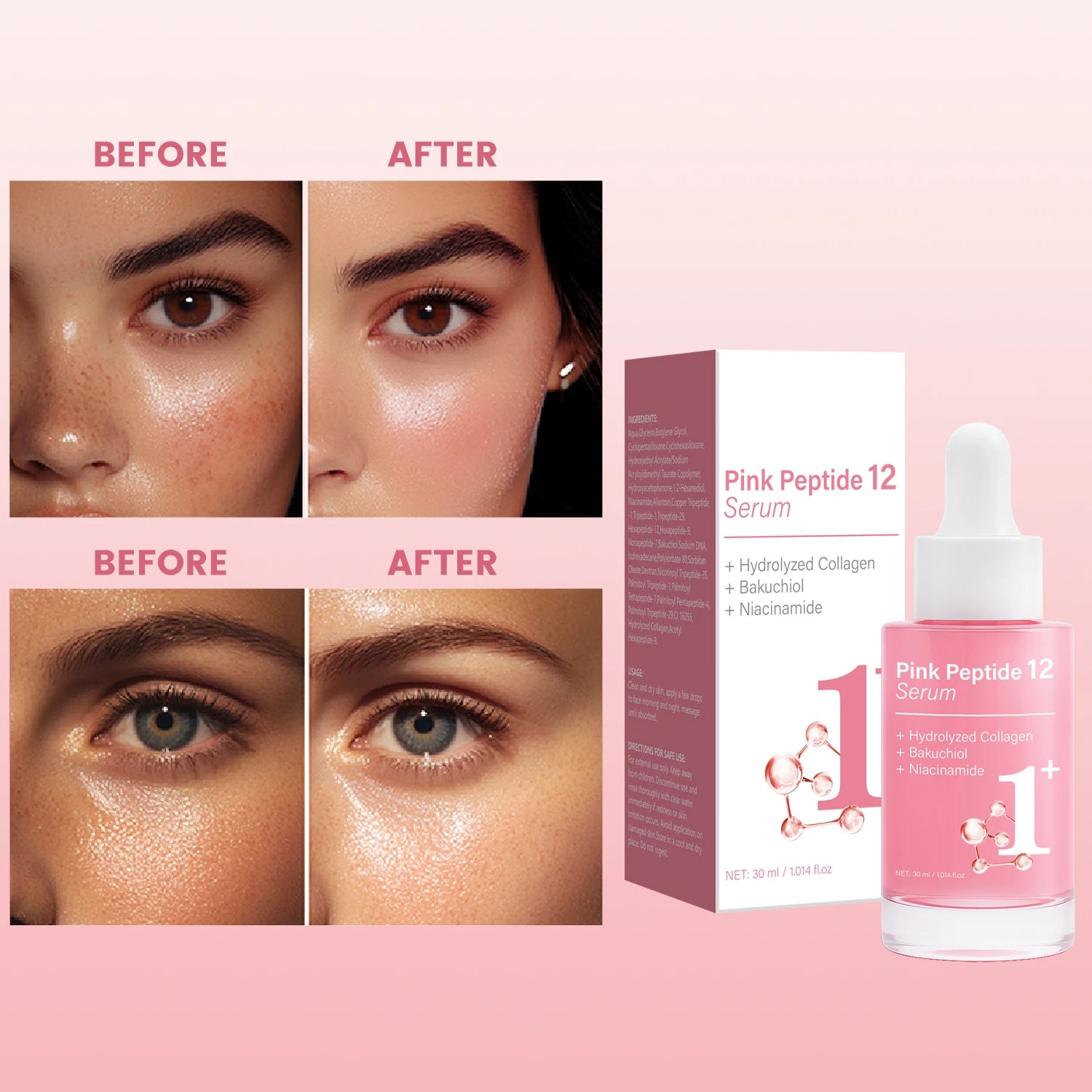 Pink Peptide 12 Serum with Bakuchiol & Niacinamide - Anti Aging Face Serum for Women - Hydrating & Firming 30ml