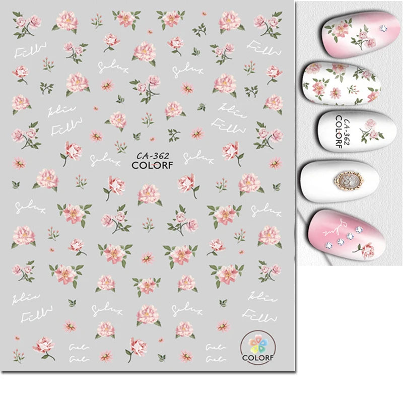 3d Nail Art Decals Watercolor Florals Purple Green Pink Flowers Leafs Fruit Adhesive Sliders Nail Stickers For Manicure