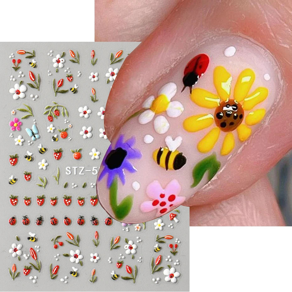 3D Embossed Kawaii Ladybug Sliders Spring White Daisy Flowers Nail Stickers DIY Simple Petals Wedding Nails Decals Accesories