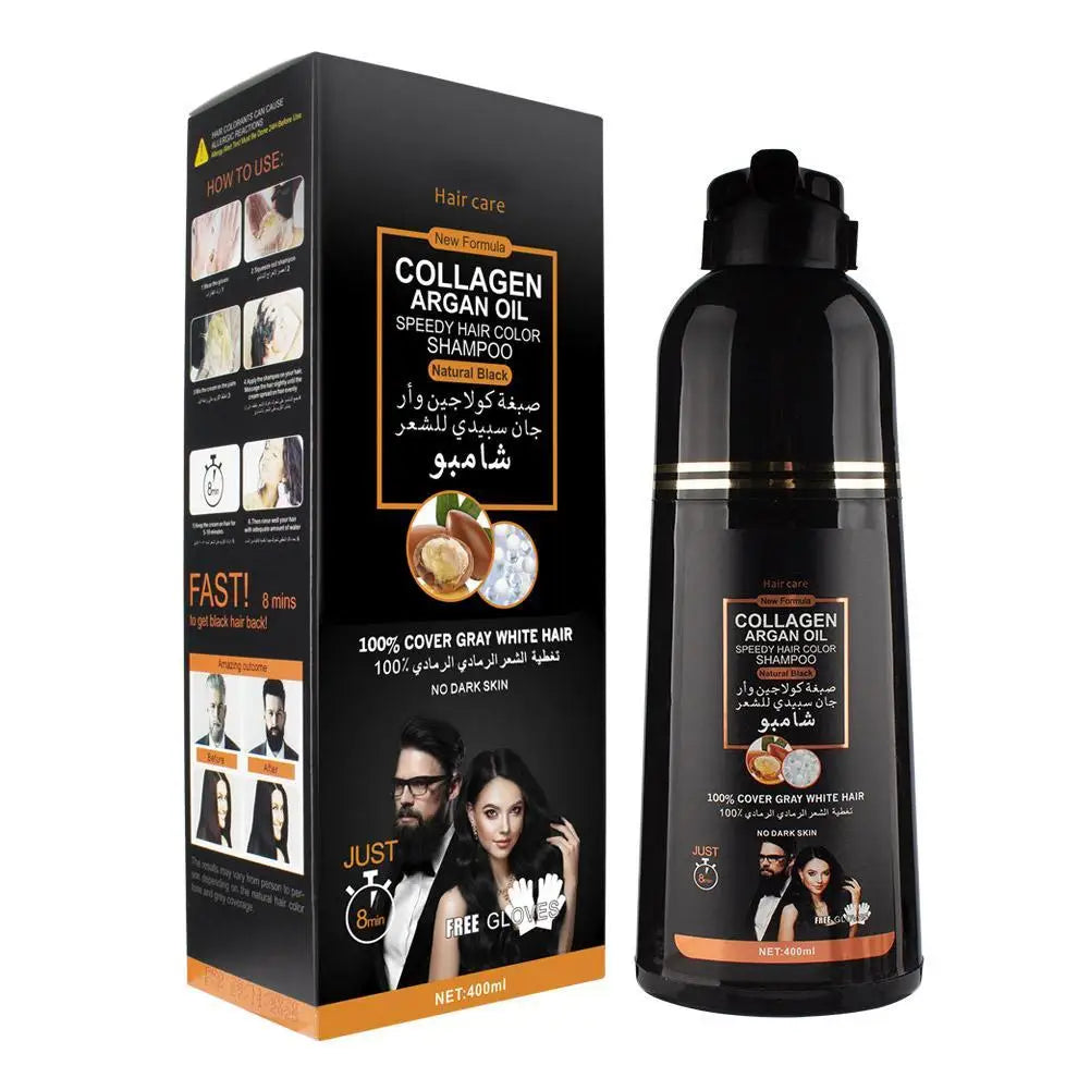 3-in-1 Collagen Argan Oil Shampoo Long-Lasting Black Hair Dye Shampoo for Men Women Nourishes Colors Gray Hair, 500ml Formula