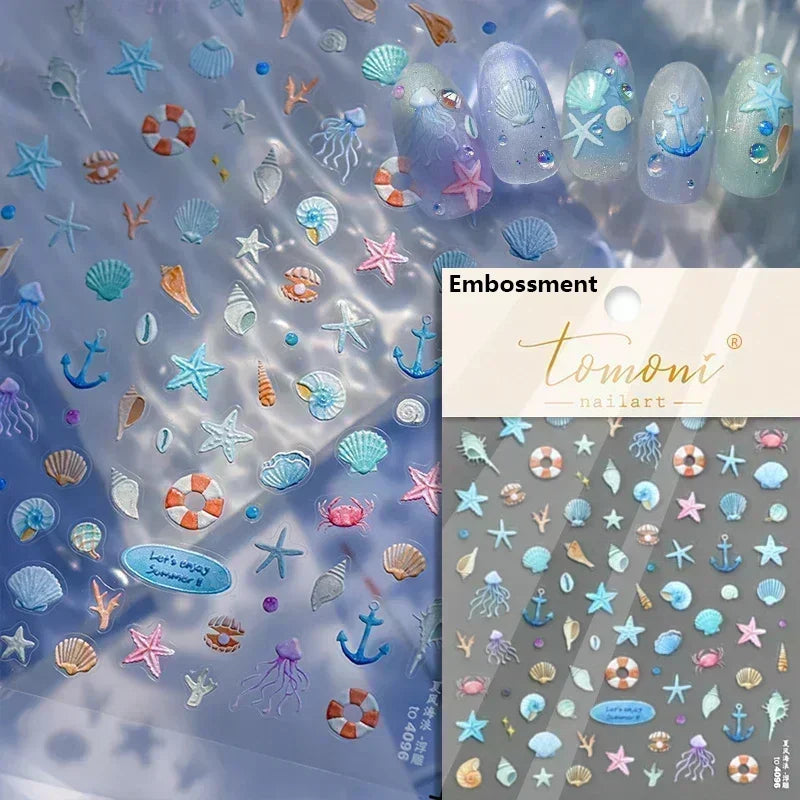 Sea Wave Jellyfish Starfish Conch Shell Dolphin Pearl Summer Beach Goldfish Water Bubble Mermaid Koi INS Nail Art Stickers Decal