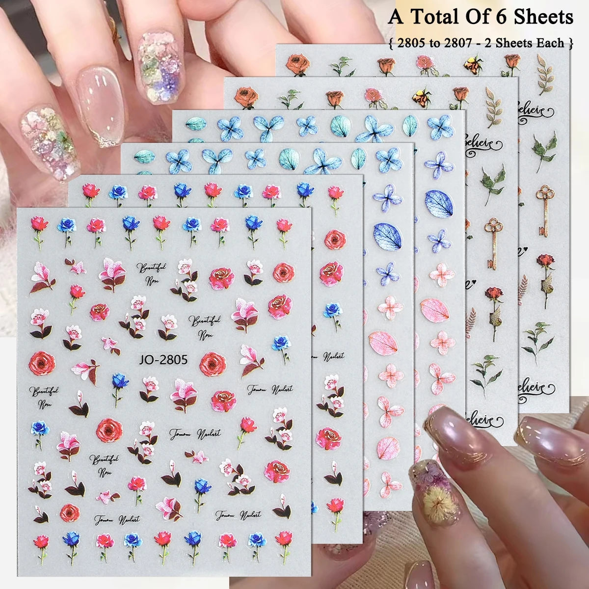 3 to 30 Sheets Floral Nail Stickers Watercolor Flower Petal Botanical Spring Garden Soft Pastel Self-Adhesive Nail Art Decals