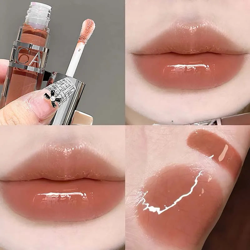 Mirror-like, moisturizing glass lip gloss with long-lasting, clear, plumping, and lip line-reducing properties. Lip gloss.
