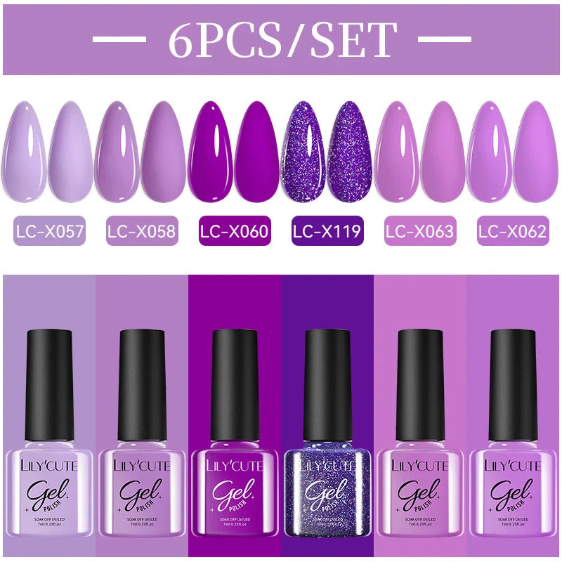 LILYCUE 6Pcs/Set Red Nude Glitter Gel Nail Polish Gorgeous Full Coverage Soak Off UV Gel Nail Art Base Top Coat Gel Polish Kits