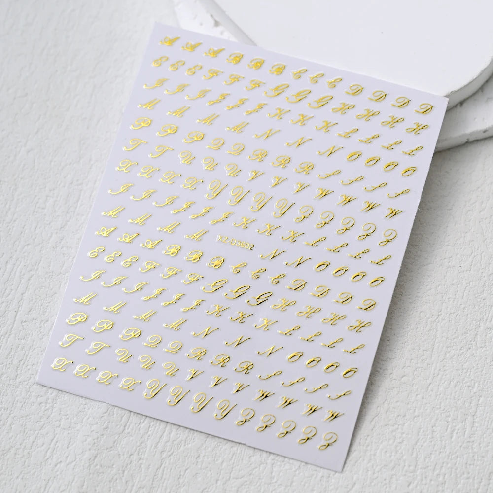 1Pc 3D Roman Letter Nail Stickers Gold/Silver/Black/Laser Alphabet Self Adhesive Decal Y2K English Words/Number Manicure Sliders