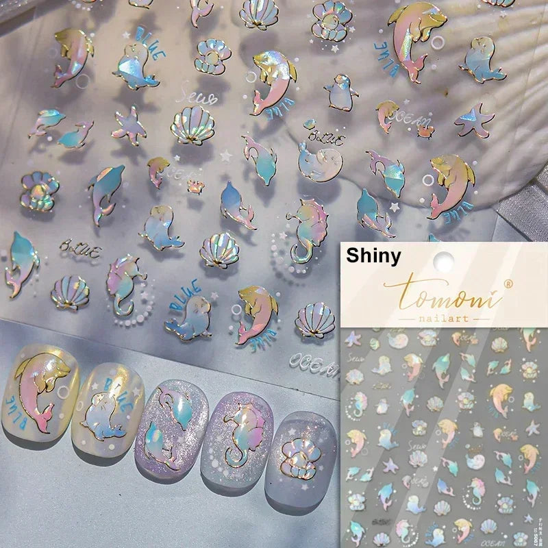Sea Wave Jellyfish Starfish Conch Shell Dolphin Pearl Summer Beach Goldfish Water Bubble Mermaid Koi INS Nail Art Stickers Decal