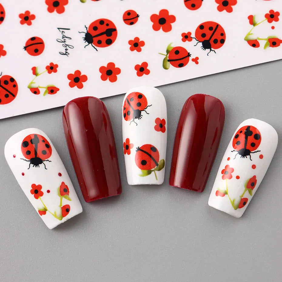 2pcs 3D Cartoon Ladybug Nail Stickers Cute Insect Red Petals Self-Adhesive Manicure Decal Lovely Flower Charms Foils Decor Nails