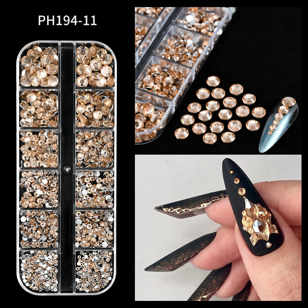 12Grids Pink Mixed Nail Rhinestones Luxury Nail Charms Glitter Crystal Jewelry Gems Nail Art Decoration DIY Manicure Rhinestones
