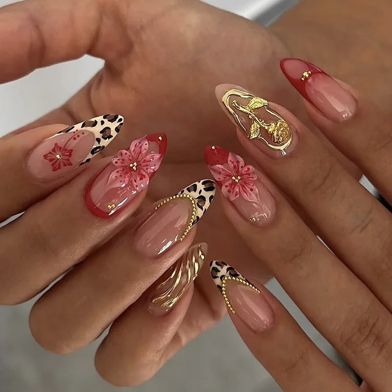 24Pcs Black Y2k Long False Nails with Almond Head Design Cat's Eye Silver Stripe Pattern Press on Fake Nails Wearable Nail Tips