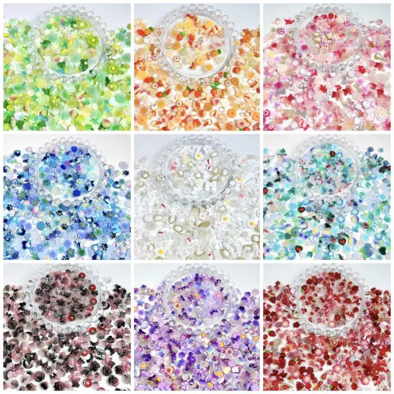 100Pcs Mixed Cute Cartoon Nail Charms 3D Resin Flower Bow Fruit Nail Art Decorations Manicure DIY Phone Case Accessories