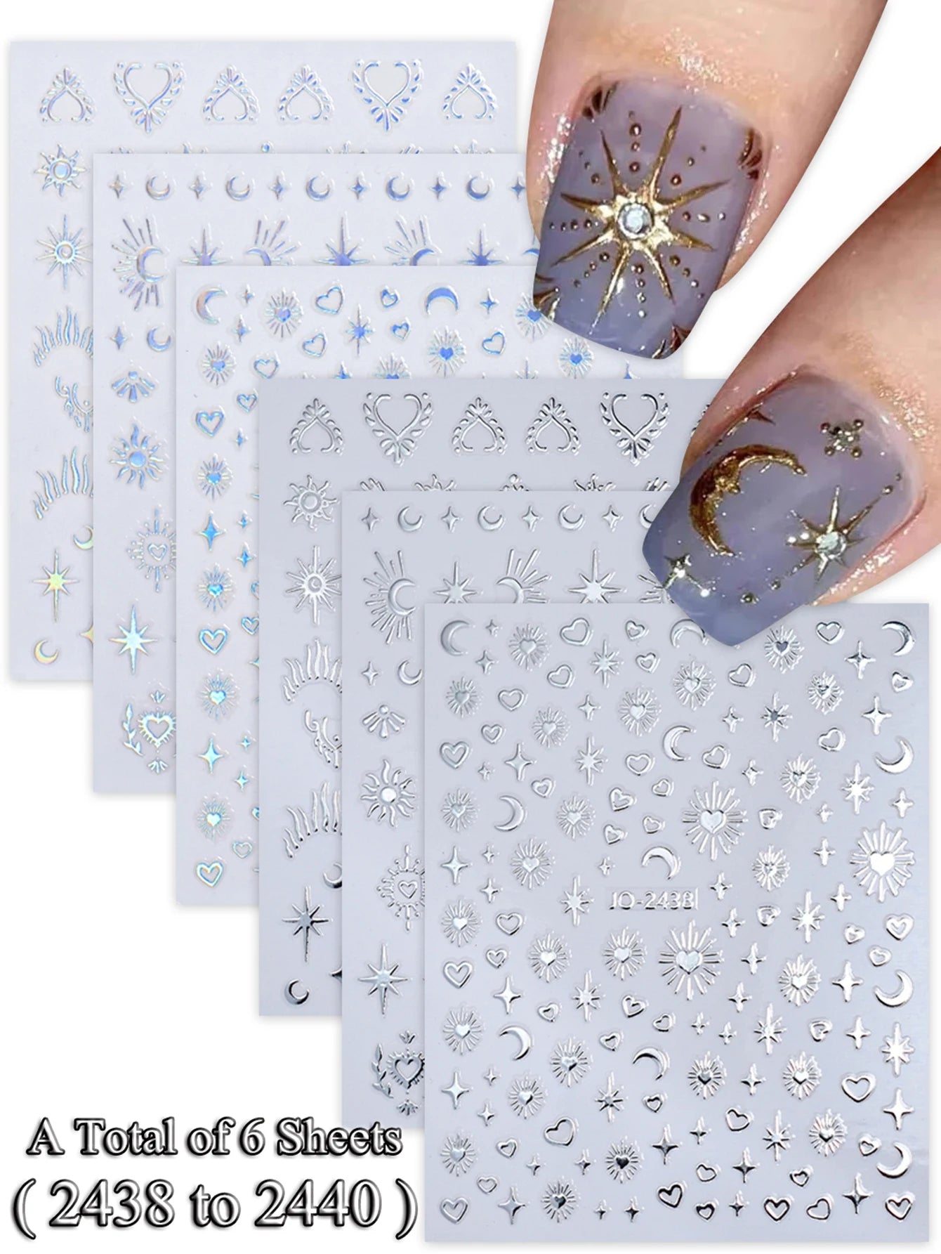 6/12 Sheets Gold & Silver Star, Moon & Heart Nail Stickers, Self-Adhesive 3D Nail Art Decals for DIY Manicure Decoration