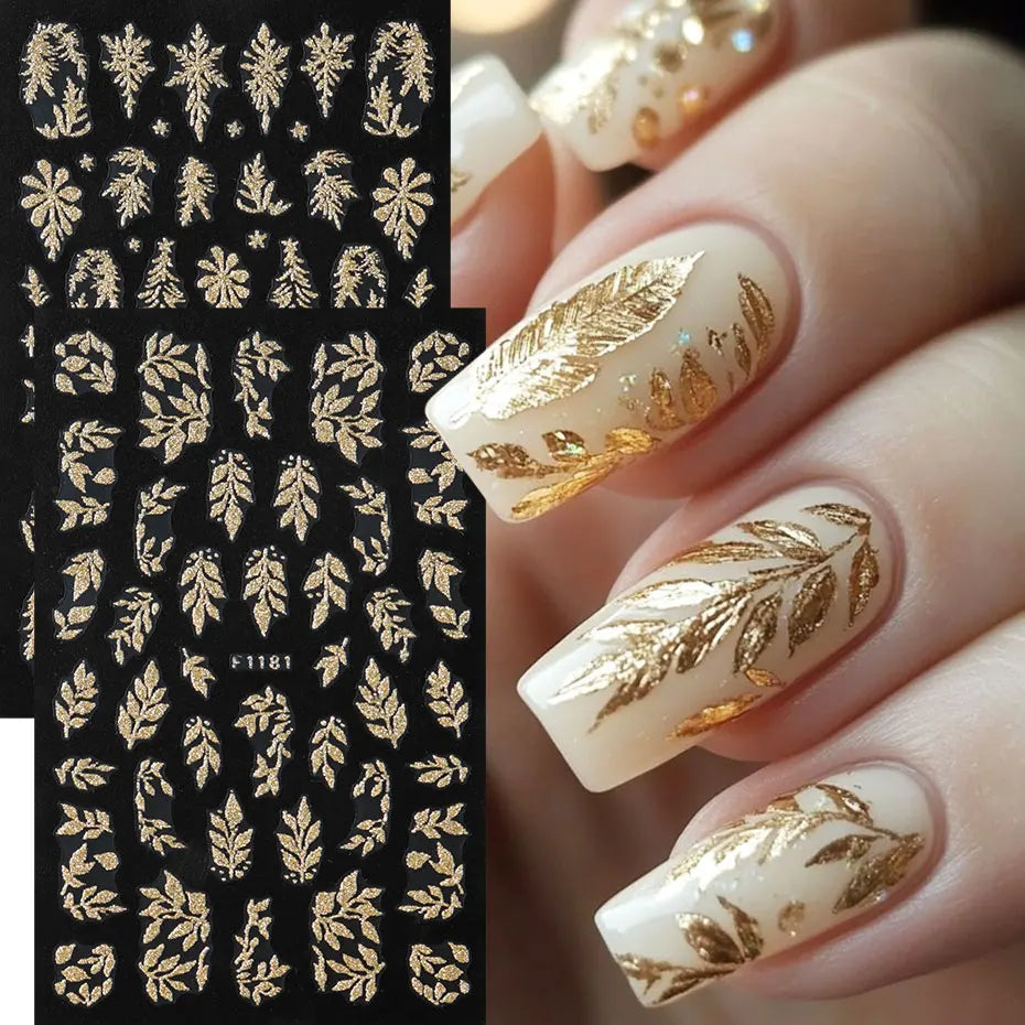 1PCS Golden Glitter Leaf Nail Art Stickers Shinny Christmas Trees Snowflake Sliders Japanese Winter Y2K Leaves Manicure Decor