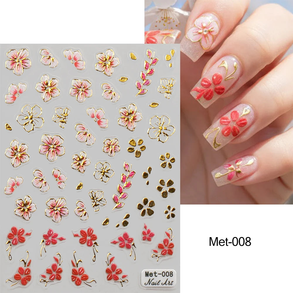 1-2pcs Gold Line Cherry Blossom 3D Nail Art Stickers Spring Peach Flowers Daisy Flowers Gold Leaves Nail Decals For DIY Manicure