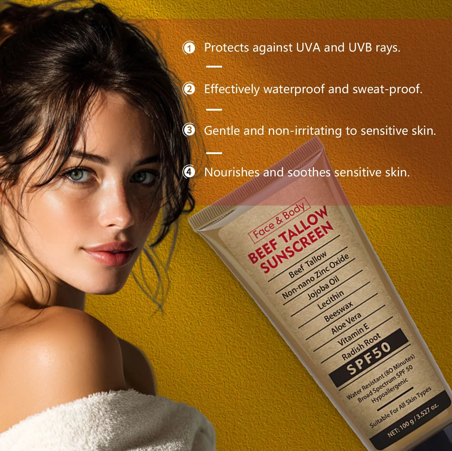 100g Organic Grass-Fed Beef Tallow Sunscreen SPF50 Long-lasting Sun Protection Face & Body Sunscreen Waterproof and Sweat-proof