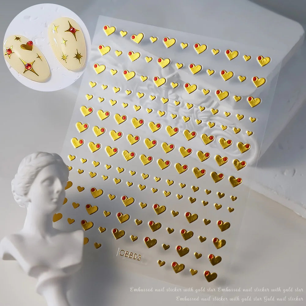 1pcs 3D Bronzing Gold Love Heart Nail Art Stickers Y2K Holographic Stars Sun Starlight DIY Nail Decals Heart Manicure Decoration