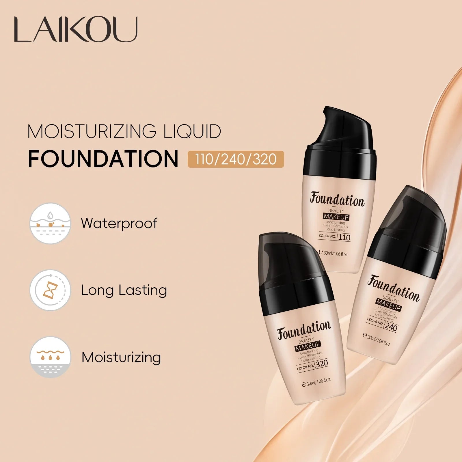 LAIKOU Liquid Foundation Moisturizing Long Lasting Face Comestics Waterproof, Full Coverage Concealer for All Skin Tones 30ml