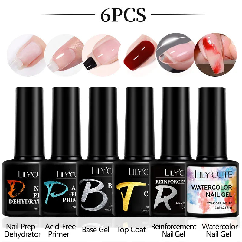LILYCUE 6Pcs/Set Red Nude Glitter Gel Nail Polish Gorgeous Full Coverage Soak Off UV Gel Nail Art Base Top Coat Gel Polish Kits