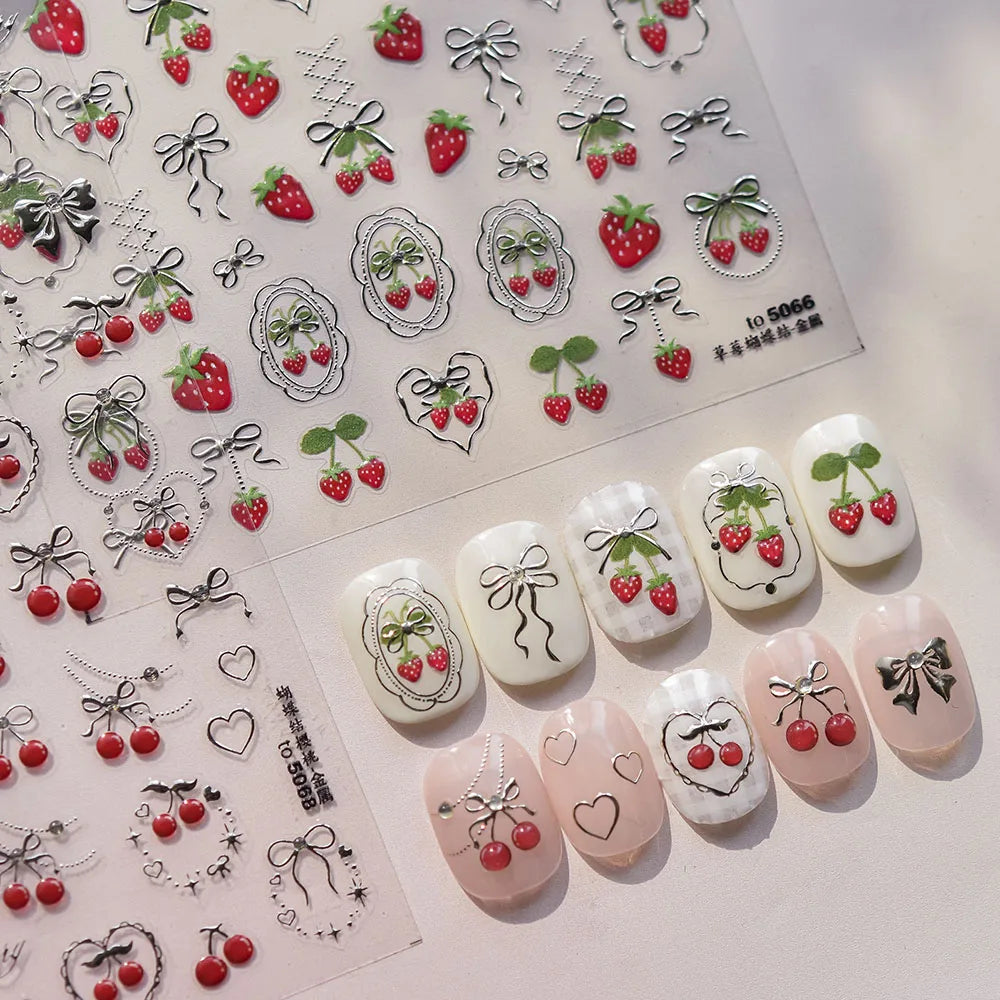 Strawberry Nail Art Stickers 5D Gold Silver Embossed Strawberry Jelly Nail Decals Sticker Bow Heart Shape Adhesive Sliders