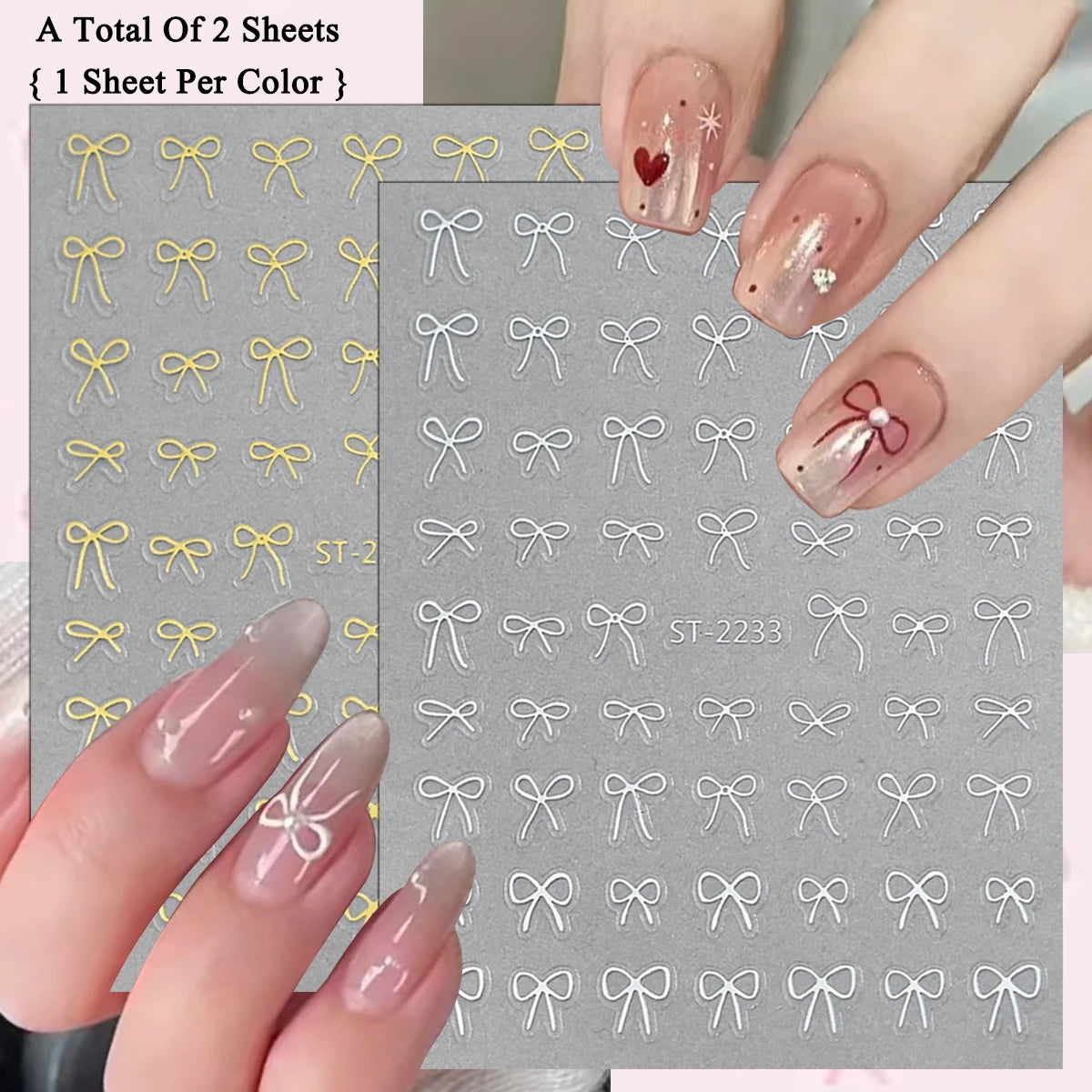 2 to 30 Sheets 3D Bow Nail Art Stickers, Mini Ribbon Outline Decals, Transparent Self-Adhesive Cute Design for DIY Manicure
