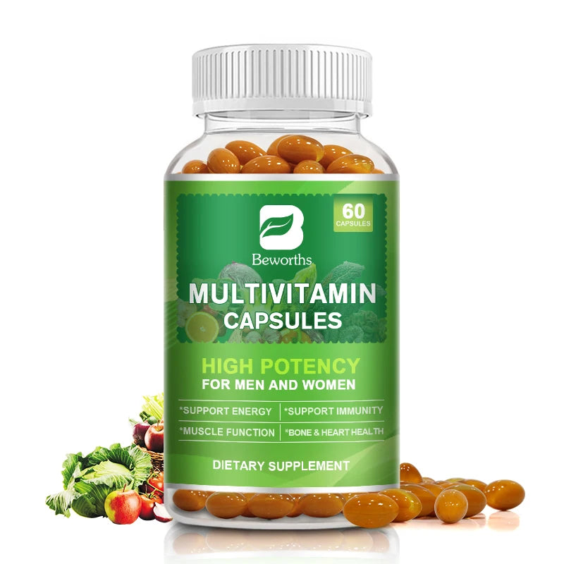 BEWORTHS Multivitamin Capsules Support Brain, Nerve &Digestive Health Improve Focus Relieve Stress Protect Heart,Bone,Skin& Hair