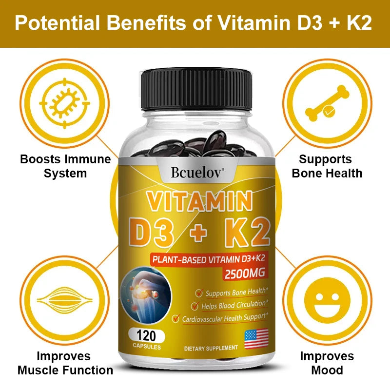 Vitamin D K2 Supplement - Vitamin D3 5000 IU + K2 600 Mg, Supports Bone Health, Helps Circulation, Cardiovascular Health Support
